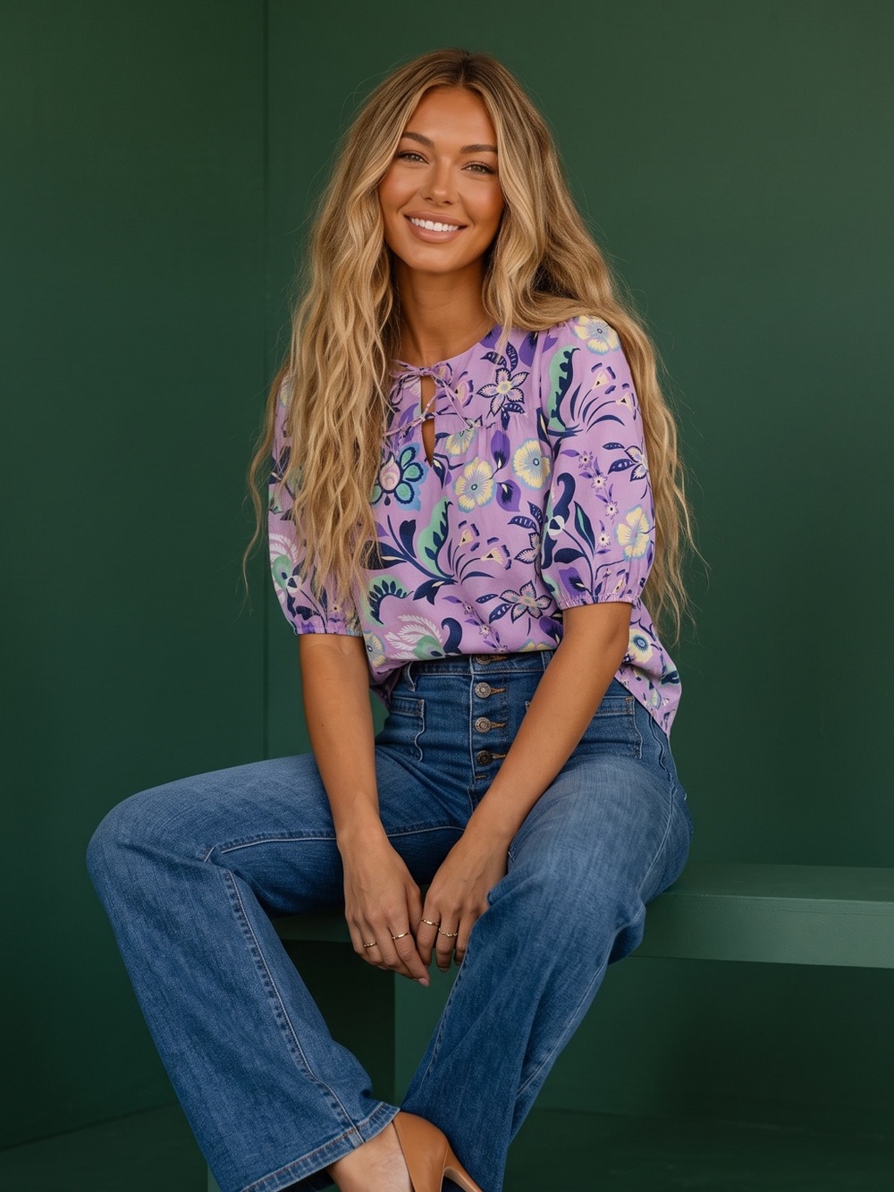 Talbots Lavender Floral Cotton Top with Multicolor Blooms